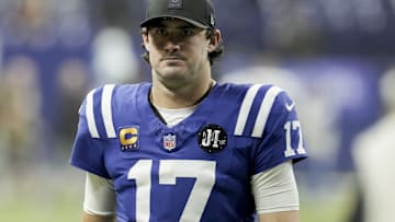 Nov 30, 2025; Indianapolis, Indiana, USA; Indianapolis Colts quarterback Daniel Jones (17) walks off the field after the Indianapolis Colts lost to the Houston Texans 20-16 at Lucas Oil Stadium. 
