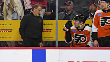 Oct 22, 2024; Philadelphia, Pennsylvania, USA; Philadelphia Flyers head coach John Tortorella leaves the bench after loss to Washington Capitals at Wells Fargo Center. Mandatory Credit: Eric Hartline-Imagn Images