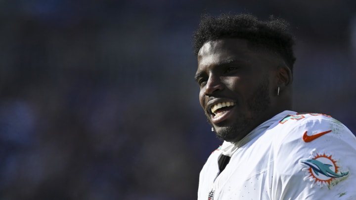 Dec 31, 2023; Baltimore, Maryland, USA;  Miami Dolphins wide receiver Tyreek Hill (10) on the sidelines during the first half against the Baltimore Ravens at M&T Bank Stadium. Mandatory Credit: Tommy Gilligan-USA TODAY Sports