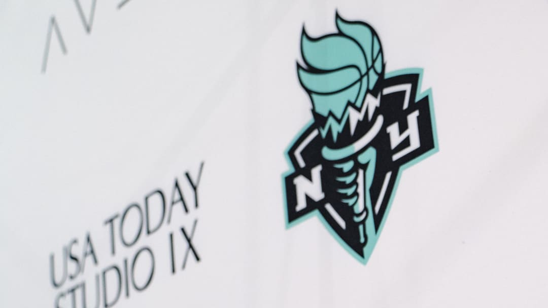 Apr 14, 2025; Brooklyn, New York, USA; A general view of Gannett, USA Today Network, Cisco, NY Liberty and USA TODAY Studio IX logos during a 2025 WNBA Draft watch party at Studio IX. Mandatory Credit: Lucas Boland-USA TODAY