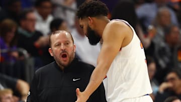 Nov 20, 2024; Phoenix, Arizona, USA; New York Knicks head coach Tom Thibodeau with center Karl-Anthony Towns (32) against the Phoenix Suns at Footprint Center. Mandatory Credit: Mark J. Rebilas-Imagn Images