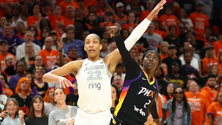 Oct 8, 2025; Phoenix, Arizona, USA; Phoenix Mercury guard Kahleah Copper (2) reacts after a basket against Las Vegas Aces center A'ja Wilson (22) in the second half during game three of the 2025 WNBA Finals at PHX Arena. Mandatory Credit: Mark J. Rebilas-Imagn Images