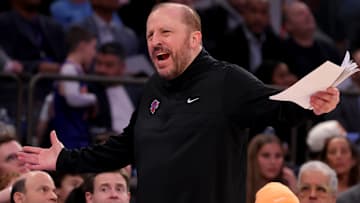 Jan 12, 2025; New York, New York, USA; New York Knicks head coach Tom Thibodeau reacts during the second quarter against the Milwaukee Bucks at Madison Square Garden. Mandatory Credit: Brad Penner-Imagn Images