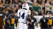 Aug 29, 2025; Waco, Texas, USA;  Auburn Tigers cornerback Rayshawn Pleasant (14) scores a touchdown on a kickoff return against the Baylor Bears during the second half at McLane Stadium. Mandatory Credit: Chris Jones-Imagn Images