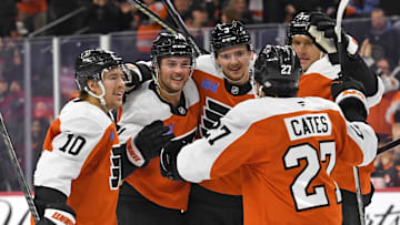 Nov 18, 2024; Philadelphia, Pennsylvania, USA; Philadelphia Flyers right wing Tyson Foerster (71) celebrates his goal with teammates against the Colorado Avalanche at Wells Fargo Center. Mandatory Credit: Eric Hartline-Imagn Images