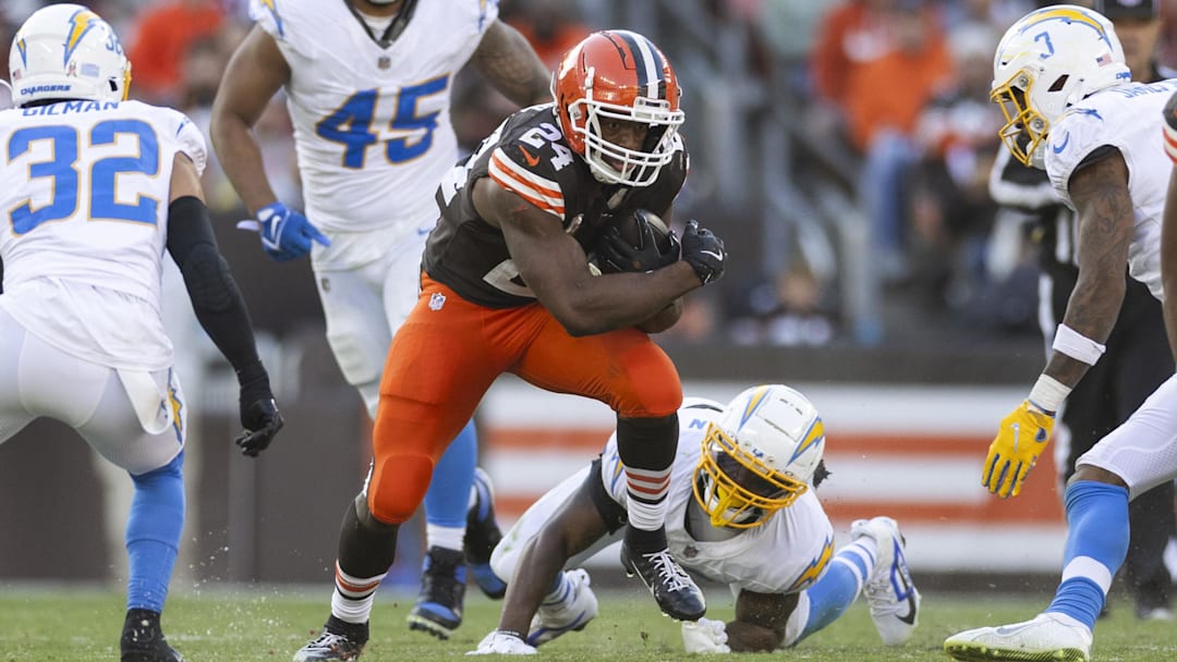 Nov 3, 2024; Cleveland, Ohio, USA; Cleveland Browns running back Nick Chubb (24) runs the ball against the Los Angeles Chargers during the third quarter at Huntington Bank Field.