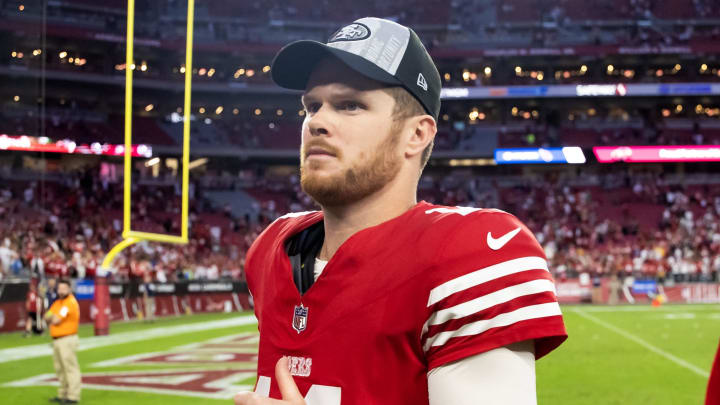 Dec 17, 2023; Glendale, Arizona, USA; San Francisco 49ers quarterback Sam Darnold (14) against the Arizona Cardinals at State Farm Stadium. Mandatory Credit: Mark J. Rebilas-USA TODAY Sports