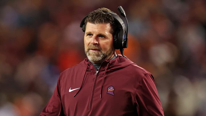 Nov 18, 2023; Blacksburg, Virginia, USA; Virginia Tech Hokies head coach Brent Pry looks on during the game against the North Carolina State Wolfpack at Lane Stadium.