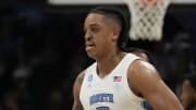 March 21, 2024, Charlotte, NC, USA; North Carolina Tar Heels forward Armando Bacot (5) reacts against the Wagner Seahawks in the first round of the 2024 NCAA Tournament at the Spectrum Center. 