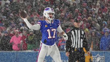 Dec 1, 2024; Orchard Park, New York, USA; Buffalo Bills quarterback Josh Allen (17) throws the ball against the San Francisco 49ers during the first half at Highmark Stadium. Mandatory Credit: Gregory Fisher-Imagn Images
