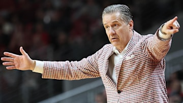 Arkansas Razorbacks coach John Calipari give directions during the second half against the Fresno State Bulldogs at Simmons Bank Arena.