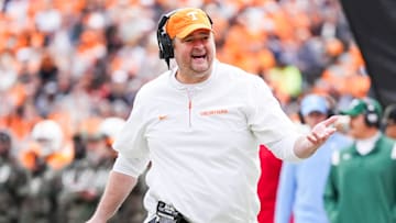 Tennessee head coach Josh Heupel questions a referee during a college football game between Tennessee and UTEP at Neyland Stadium in Knoxville, Tenn., Saturday, Nov. 23, 2024.