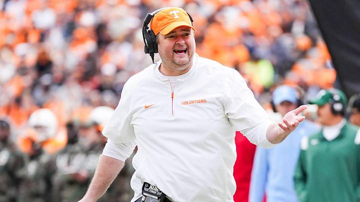 Tennessee head coach Josh Heupel questions a referee during a college football game between Tennessee and UTEP at Neyland Stadium in Knoxville, Tenn., Saturday, Nov. 23, 2024.