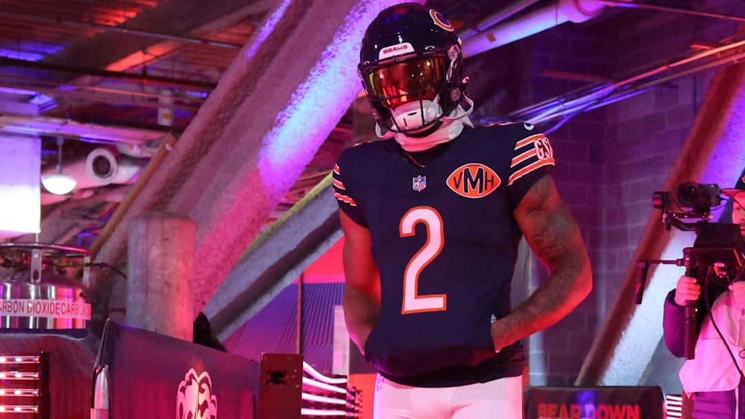 Chicago Bears wide receiver DJ Moore (2) takes the field before the game against the New York Giants at Soldier Field. Chicago Bears wide receiver DJ Moore (2) takes the field before the game against the New York Giants at Soldier Field.