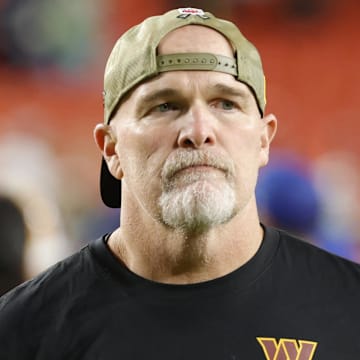 Nov 2, 2025; Landover, Maryland, USA; Washington Commanders head coach Dan Quinn Mandatory Credit: Amber Searls-Imagn Images