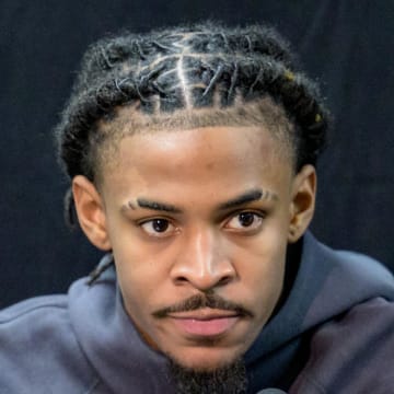 Dec 19, 2023; New Orleans, Louisiana, USA; Memphis Grizzlies guard Ja Morant attends a post-game press conference after defeating the New Orleans Pelicans at the Smoothie King Center.