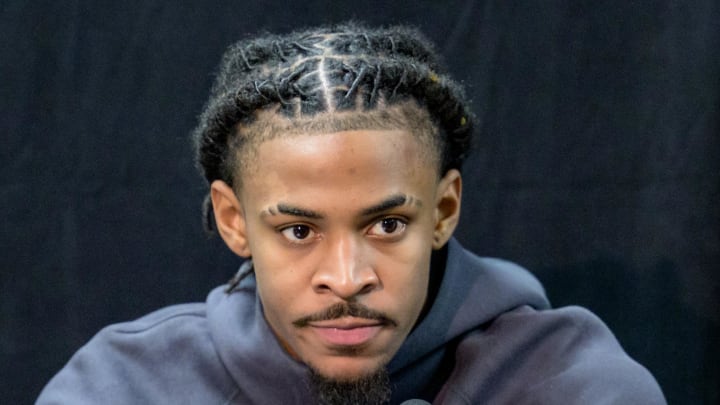 Dec 19, 2023; New Orleans, Louisiana, USA; Memphis Grizzlies guard Ja Morant attends a post-game press conference after defeating the New Orleans Pelicans at the Smoothie King Center.