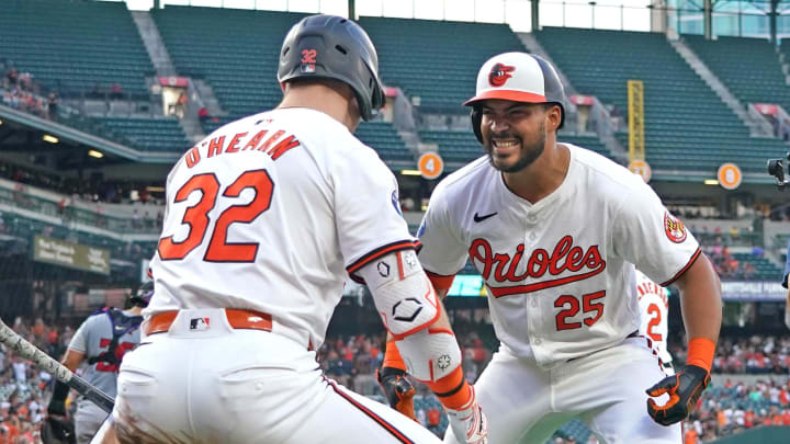 Aug 13, 2024; Baltimore, Maryland, USA; Baltimore Orioles outfielder Anthony Santander (25) celebrates his third inning solo home run against the Washington Nationals with designated hitter Ryan O’Hearn (32) at Oriole Park at Camden Yards. 