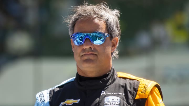 May 29, 2022; Indianapolis, Indiana, USA; IndyCar Series driver Juan Pablo Montoya during the running of the 106th Indianapolis 500 at Indianapolis Motor Speedway. Mandatory Credit: Mark J. Rebilas-USA TODAY Sports