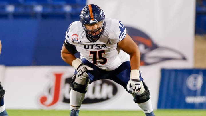 Dec 19, 2023; Frisco, TX, USA; UTSA Roadrunners offensive lineman Venly Tatafu (75) lines up against the Marshall Thundering Herd during the third quarter at Toyota Stadium. Mandatory Credit: Andrew Dieb-USA TODAY Sports