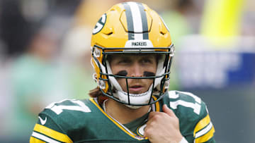 Aug 26, 2023; Green Bay, Wisconsin, USA;  Green Bay Packers quarterback Alex McGough (17) during the game against the = at Lambeau Field. Mandatory Credit: Jeff Hanisch-USA TODAY Sports