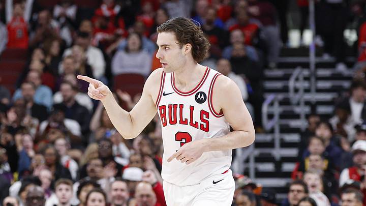Mar 23, 2026; Chicago, Illinois, USA; Chicago Bulls guard Josh Giddey (3) reacts after scoring against the Houston Rockets during the first half at United Center. Mandatory Credit: Kamil Krzaczynski-Imagn Images