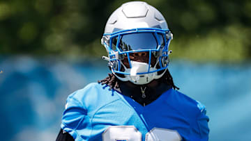Former Detroit Lions running back Jermar Jefferson (28) practices during OTAs at Detroit Lions headquarters and training facility in Allen Park on Thursday, May 30, 2024.