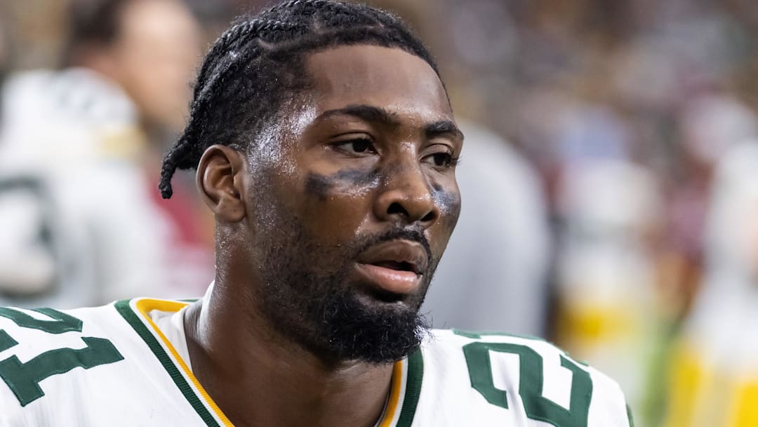 Oct 19, 2025; Glendale, Arizona, USA; Green Bay Packers cornerback Nate Hobbs (21) against the Arizona Cardinals at State Farm Stadium. Oct 19, 2025; Glendale, Arizona, USA; Green Bay Packers cornerback Nate Hobbs (21) against the Arizona Cardinals at State Farm Stadium.