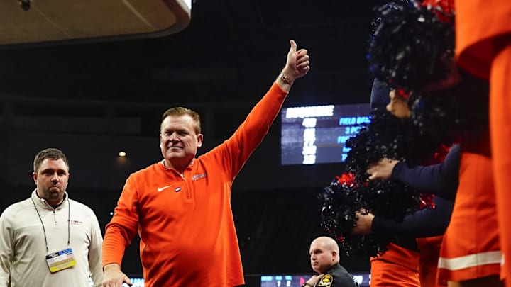 Mar 23, 2024; Omaha, NE, USA; Illinois Fighting Illini head coach Brad Underwood gestures after the game against the Duquesne Dukes in the second round of the 2024 NCAA Tournament at CHI Health Center Omaha. Mandatory Credit: Dylan Widger-Imagn Images