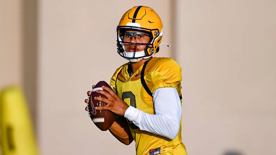LSU backup quarterback surveys the field, looking ready to pass, during a practice.
