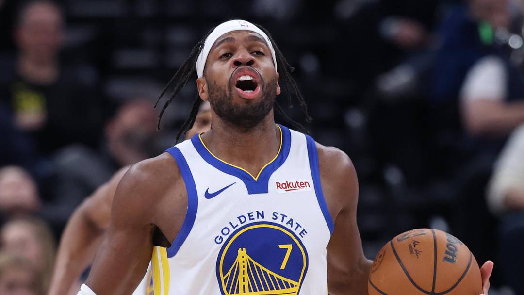 Jan 28, 2026; Salt Lake City, Utah, USA; Golden State Warriors guard Buddy Hield (7) reacts after a play against the Utah Jazz during the second half at Delta Center. Mandatory Credit: Rob Gray-Imagn Images