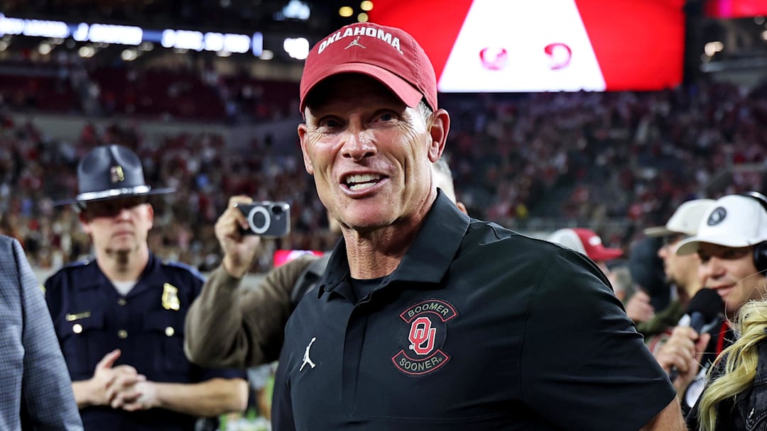 Oklahoma Sooners head coach Brent Venables celebrates after Oklahoma defeated the Alabama Crimson Tide 23-21 at Saban Field at Bryant-Denny Stadium. 