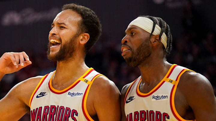 Oct 29, 2024; San Francisco, California, USA; Golden State Warriors forward Kyle Anderson (1) reacts next to guard Buddy Hield (7) after being fouled against the New Orleans Pelicans in the second quarter at the Chase Center. Mandatory Credit: Cary Edmondson-Imagn Images
