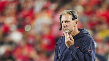 Aug 22, 2024; Kansas City, Missouri, USA; Chicago Bears head coach Matt Eberflus at GEHA Field at Arrowhead Stadium. Mandatory Credit: Jay Biggerstaff-Imagn Images