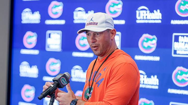 Florida head coach Jon Sumrall speaks after spring practice at Sanders Practice Fields in Gainesville, FL on Tuesday, March 31, 2026. [Alan Youngblood/Gainesville Sun]