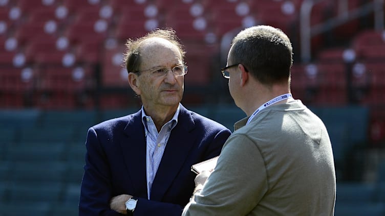 Oct 8, 2015; St. Louis, MO, USA; St. Louis Cardinals owner Bill Dewitt Jr. talks with a member of the media during NLDS workout day prior to game one of the NLDS against the Chicago Cubs at Busch Stadium. Mandatory Credit: Jeff Curry-Imagn Images