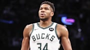 Oct 27, 2024; Brooklyn, New York, USA;  Milwaukee Bucks forward Giannis Antetokounmpo (34) at Barclays Center. Mandatory Credit: Wendell Cruz-Imagn Images