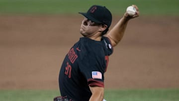 Stanford pitcher Brendan Beck (20) throws a pitch in the ninth inning against Vanderbilt during game nine in the NCAA Men   s College World Series at TD Ameritrade Park Wednesday, June 23, 2021 in Omaha, Neb.

Nas Vandy Stanford 037