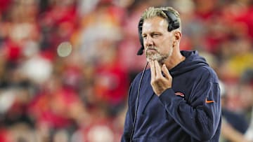 Aug 22, 2024; Kansas City, Missouri, USA; Chicago Bears head coach Matt Eberflus at GEHA Field at Arrowhead Stadium. Mandatory Credit: Jay Biggerstaff-Imagn Images