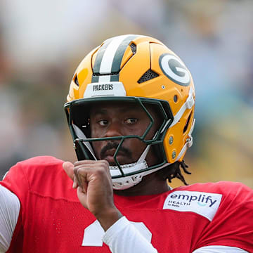 Green Bay Packers quarterback Malik Willis (2) passes the ball during practice at training camp on Tuesday.