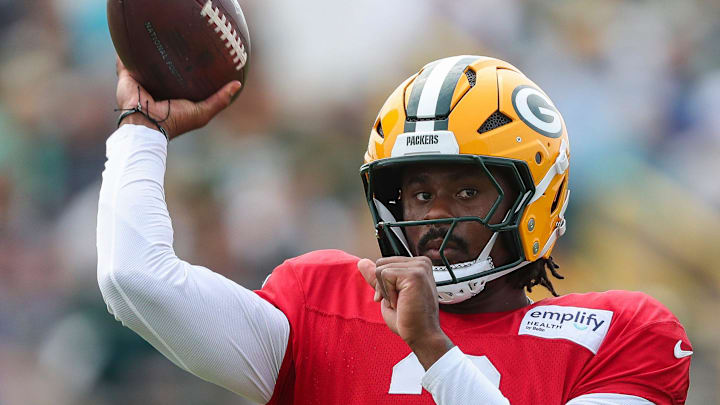 Green Bay Packers quarterback Malik Willis (2) passes the ball during practice at training camp on Tuesday.