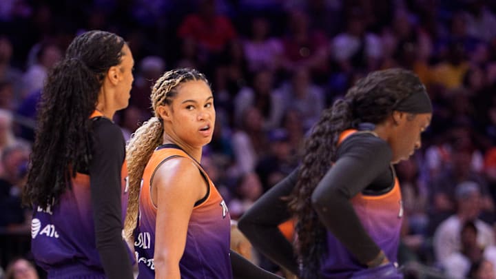 Sep 14, 2025; Phoenix, Arizona, USA; Phoenix Mercury forward Satou Sabally (0) looks over to her teamates as they walk back to the court in the second half against the New York Liberty during game one of the 2025 WNBA Playoffs round one at PHX Arena. Mandatory Credit: Allan Henry-Imagn Images Sep 14, 2025; Phoenix, Arizona, USA; Phoenix Mercury forward Satou Sabally (0) looks over to her teamates as they walk back to the court in the second half against the New York Liberty during game one of the 2025 WNBA Playoffs round one at PHX Arena. Mandatory Credit: Allan Henry-Imagn Images