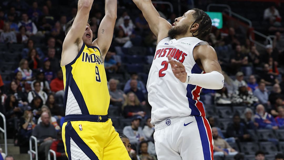 Oct 23, 2024; Detroit, Michigan, USA; Indiana Pacers guard T.J. McConnell (9) shoots on Detroit Pistons guard Cade Cunningham (2) in the second half at Little Caesars Arena. Mandatory Credit: Rick Osentoski-Imagn Images Oct 23, 2024; Detroit, Michigan, USA; Indiana Pacers guard T.J. McConnell (9) shoots on Detroit Pistons guard Cade Cunningham (2) in the second half at Little Caesars Arena. Mandatory Credit: Rick Osentoski-Imagn Images