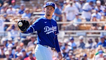 Mar 9, 2025; Peoria, Arizona, USA; Los Angeles Dodgers pitcher Blake Snell (7) on the mound in the first inning for a spring training game between the Oakland Athletics at Camelback Ranch-Glendale. Mandatory Credit: Allan Henry-Imagn Images