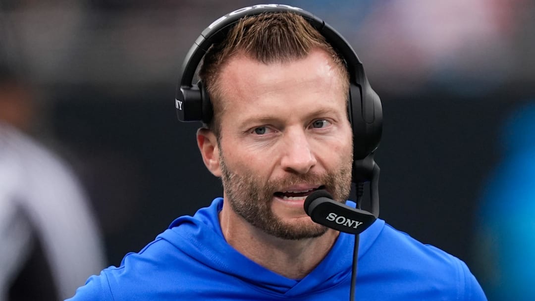 Nov 30, 2025; Charlotte, North Carolina, USA; Los Angeles Rams head coach Sean McVay looks on during the first quarter against the Carolina Panthers at Bank of America Stadium. Mandatory Credit: Jim Dedmon-Imagn Images