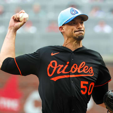 Baltimore Orioles starting pitcher Charlie Morton (50) throws against the Atlanta Braves in the first inning at Truist Park on July 4. 
