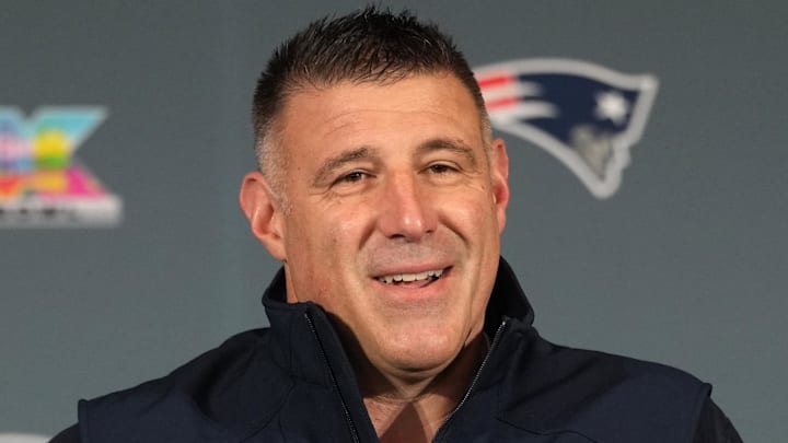 Feb 5, 2026; Santa Clara, CA, USA; New England Patriots head coach Mike Vrabel talks to media members at the Santa Clara Marriott. Mandatory Credit: Darren Yamashita-Imagn Images