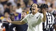 Oct 11, 2025; Baton Rouge, Louisiana, USA;  South Carolina Gamecocks head coach Shane Beamer reacts to a play against the LSU Tigers during the second half at Tiger Stadium. Mandatory Credit: Stephen Lew-Imagn Images