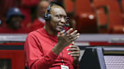 Feb 12, 2015; Houston, TX, USA; NBA former player Elvin Hayes works on a broadcast during the game between the Houston Cougars and the Southern Methodist Mustangs at Hofheinz Pavilion. Mandatory Credit: Troy Taormina-Imagn Images