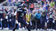Nov 9, 2025; Seattle, Washington, USA; Seattle Seahawks safety Nick Emmanwori (3) reacts after a defensive stop during the second quarter against the Arizona Cardinals at Lumen Field. 